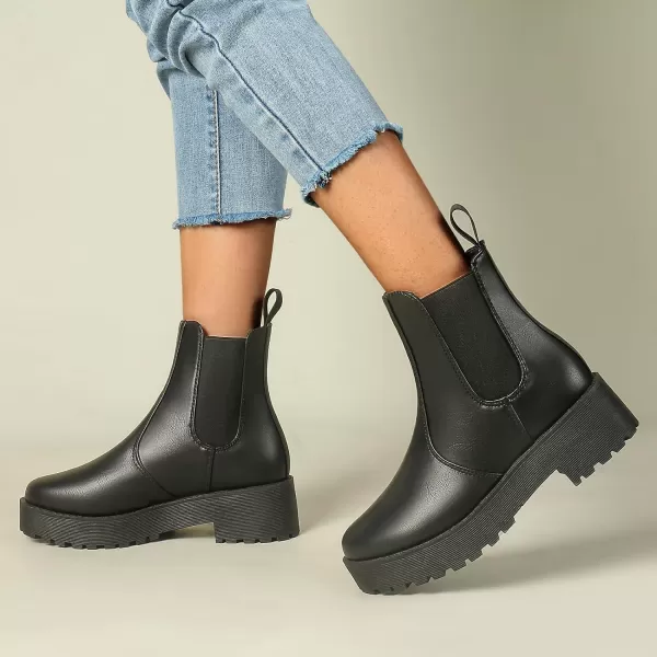 MUSSHOE Chelsea Chunky Heel Hiking Boots Womens Fall Ankle Platform Combat Boot Slip On Winter Moto Booties for Women Comfy