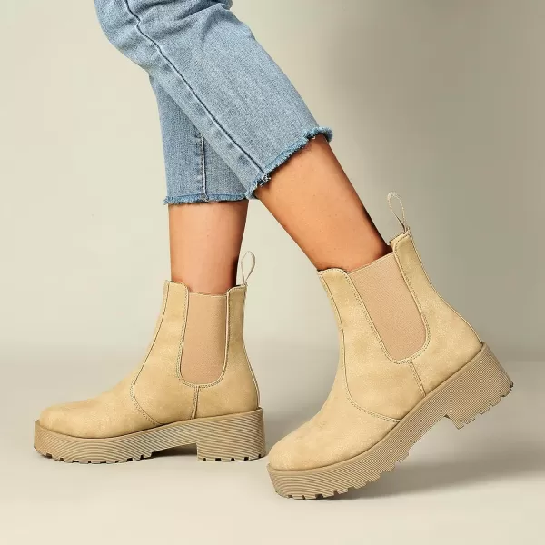 MUSSHOE Chelsea Chunky Heel Hiking Boots Womens Fall Ankle Platform Combat Boot Slip On Winter Moto Booties for Women Comfy