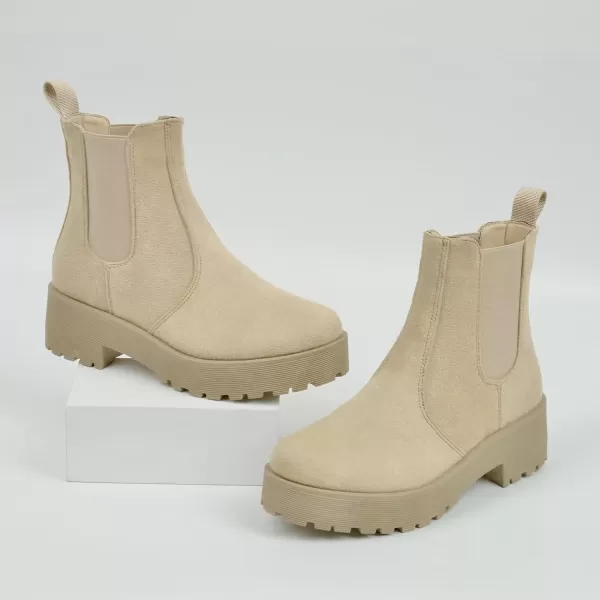 MUSSHOE Chelsea Chunky Heel Hiking Boots Womens Fall Ankle Platform Combat Boot Slip On Winter Moto Booties for Women Comfy