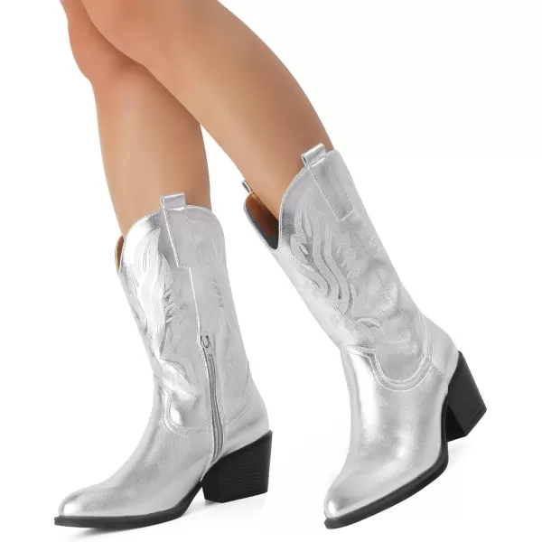 MUSSHOE Cowgirl Boots Cowboy Boots for Women Metallic Boots Embroidered Pointed Toe Chunky Heel Western Boots Women