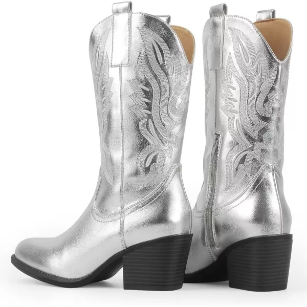 MUSSHOE Cowgirl Boots Cowboy Boots for Women Metallic Boots Embroidered Pointed Toe Chunky Heel Western Boots Women