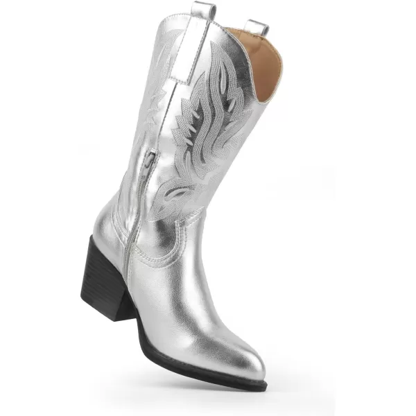 MUSSHOE Cowgirl Boots Cowboy Boots for Women Metallic Boots Embroidered Pointed Toe Chunky Heel Western Boots Women