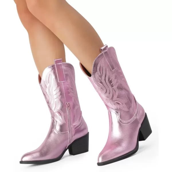 MUSSHOE Cowgirl Boots Cowboy Boots for Women Metallic Boots Embroidered Pointed Toe Chunky Heel Western Boots Women
