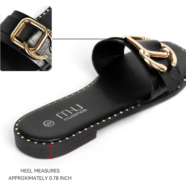 MUSSHOE Flat Sandals for Women Slip On Slides with Gold Buckle Sandals Square Open Toe Comfort