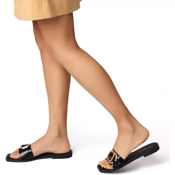 MUSSHOE Flat Sandals for Women Slip On Slides with Gold Buckle Sandals Square Open Toe Comfort
