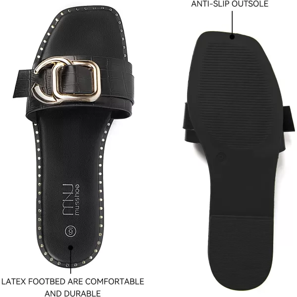 MUSSHOE Flat Sandals for Women Slip On Slides with Gold Buckle Sandals Square Open Toe Comfort