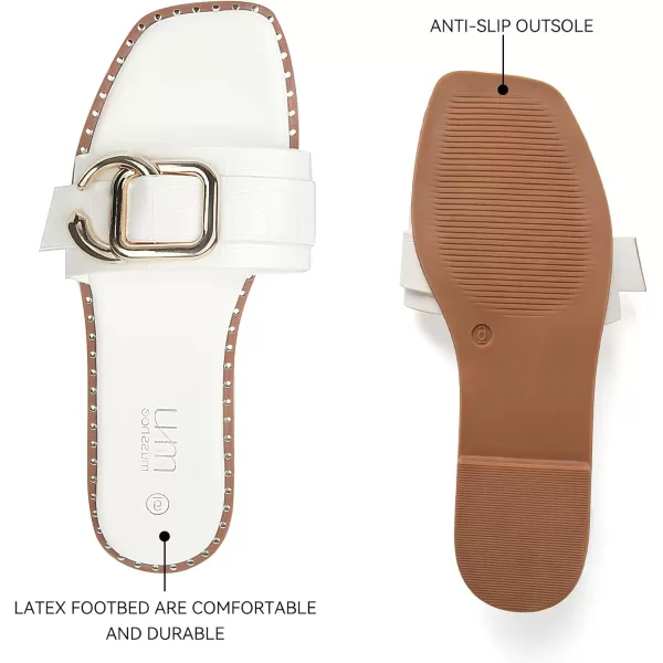 MUSSHOE Flat Sandals for Women Slip On Slides with Gold Buckle Sandals Square Open Toe Comfort