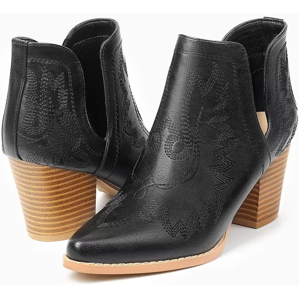 MUSSHOE Women's Ankle Boots Western Embroidered Cowboy Boots Pointed Toe Low Heel Cowgirl Boots