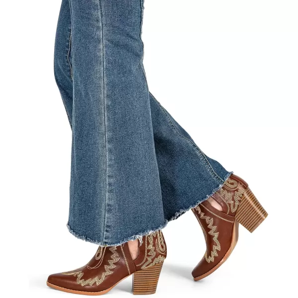 MUSSHOE Women's Ankle Boots Western Embroidered Cowboy Boots Pointed Toe Low Heel Cowgirl Boots