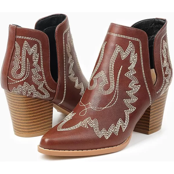 MUSSHOE Women's Ankle Boots Western Embroidered Cowboy Boots Pointed Toe Low Heel Cowgirl Boots