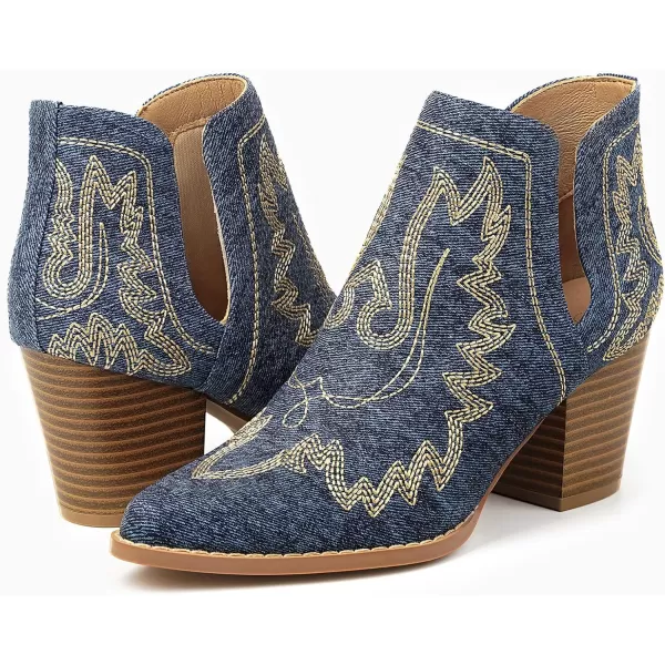 MUSSHOE Women's Ankle Boots Western Embroidered Cowboy Boots Pointed Toe Low Heel Cowgirl Boots