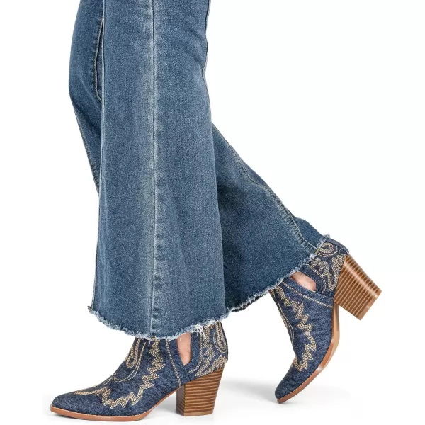 MUSSHOE Women's Ankle Boots Western Embroidered Cowboy Boots Pointed Toe Low Heel Cowgirl Boots
