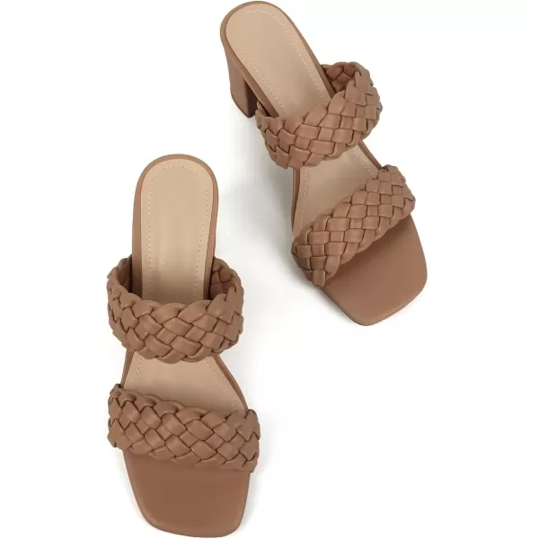 MUSSHOE Women's Braided Heeled Sandals Square Open Toe Heels Strappy Chunky Heels Block Slide Sandals