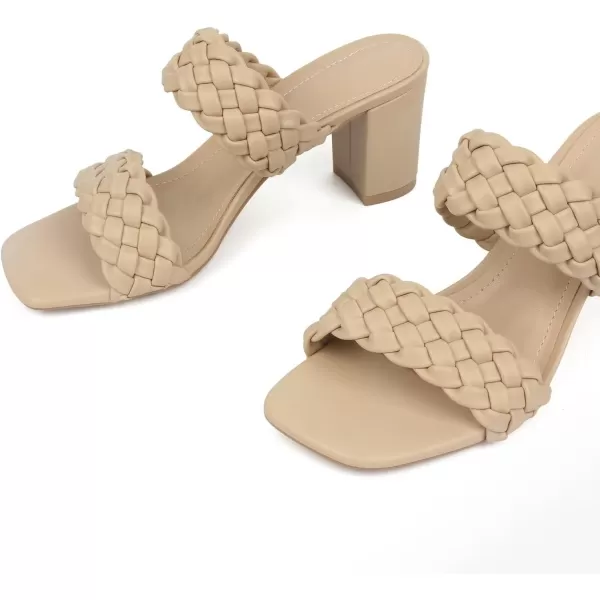 MUSSHOE Women's Braided Heeled Sandals Square Open Toe Heels Strappy Chunky Heels Block Slide Sandals