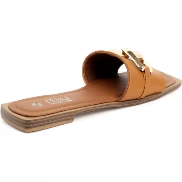 MUSSHOE Women's Flat Sandals Fashion Square Open Toe Metal Chain Dressy Sandals Slip On Outdoor Slide Sandals Outdoor Summer Shoes