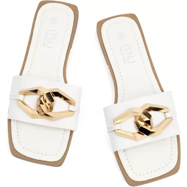 MUSSHOE Women's Flat Sandals Fashion Square Open Toe Metal Chain Dressy Sandals Slip On Outdoor Slide Sandals Outdoor Summer Shoes