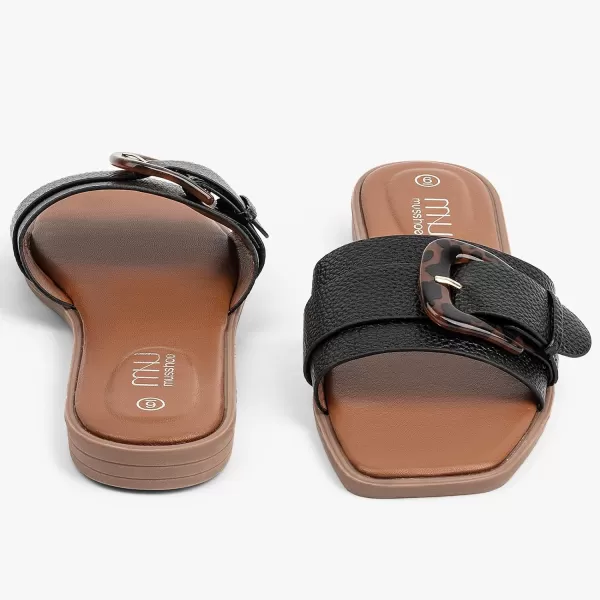 MUSSHOE Womens Sandals Square Toe Flat Sandals Women Wide Fit Leather Slides Dressy Summer Shoes