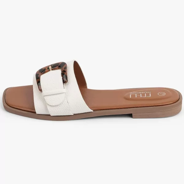 MUSSHOE Womens Sandals Square Toe Flat Sandals Women Wide Fit Leather Slides Dressy Summer Shoes