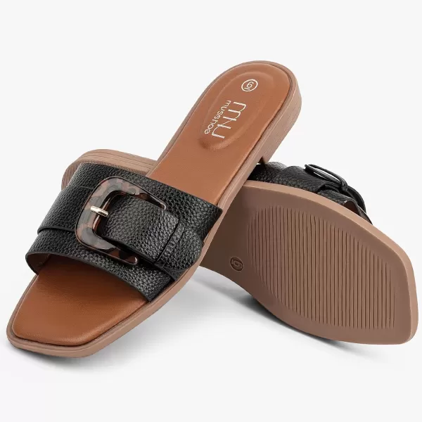 MUSSHOE Womens Sandals Square Toe Flat Sandals Women Wide Fit Leather Slides Dressy Summer Shoes