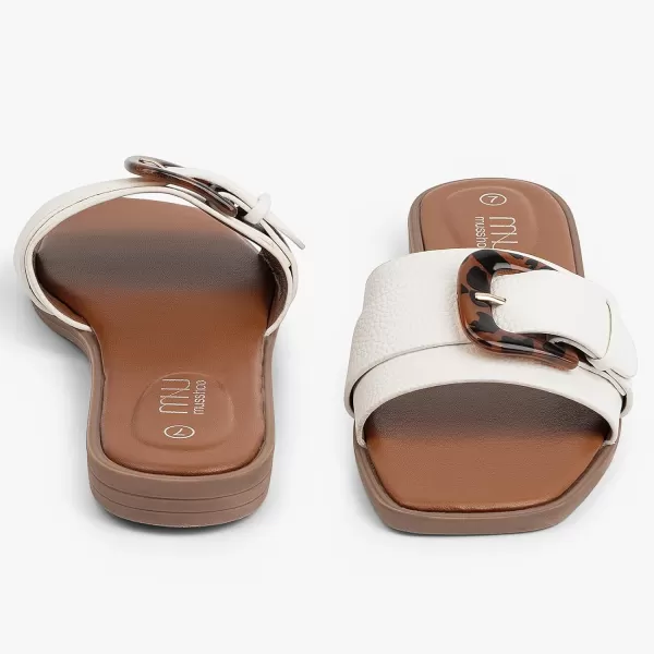 MUSSHOE Womens Sandals Square Toe Flat Sandals Women Wide Fit Leather Slides Dressy Summer Shoes