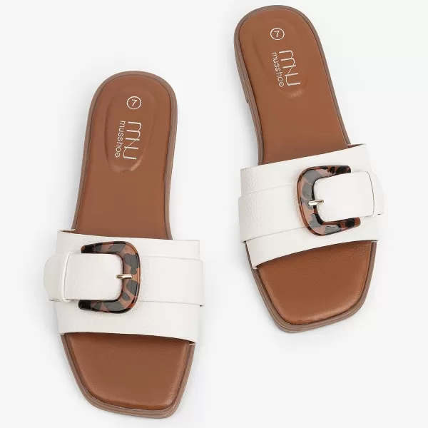 MUSSHOE Womens Sandals Square Toe Flat Sandals Women Wide Fit Leather Slides Dressy Summer Shoes