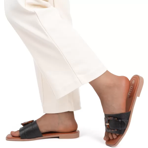MUSSHOE Womens Sandals Square Toe Flat Sandals Women Wide Fit Leather Slides Dressy Summer Shoes