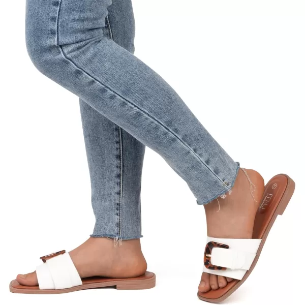 MUSSHOE Womens Sandals Square Toe Flat Sandals Women Wide Fit Leather Slides Dressy Summer Shoes