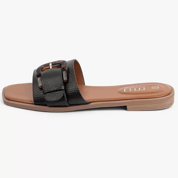 MUSSHOE Womens Sandals Square Toe Flat Sandals Women Wide Fit Leather Slides Dressy Summer Shoes