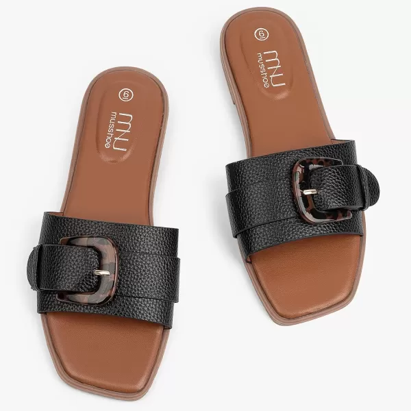 MUSSHOE Womens Sandals Square Toe Flat Sandals Women Wide Fit Leather Slides Dressy Summer Shoes