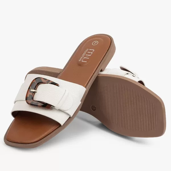 MUSSHOE Womens Sandals Square Toe Flat Sandals Women Wide Fit Leather Slides Dressy Summer Shoes