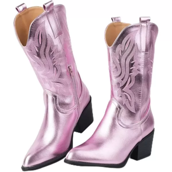 MUSSHOE Cowgirl Boots Cowboy Boots for Women Metallic Boots Embroidered Pointed Toe Chunky Heel Western Boots Women