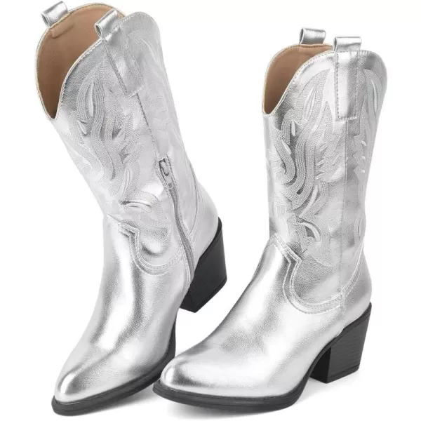 MUSSHOE Cowgirl Boots Cowboy Boots for Women Metallic Boots Embroidered Pointed Toe Chunky Heel Western Boots Women