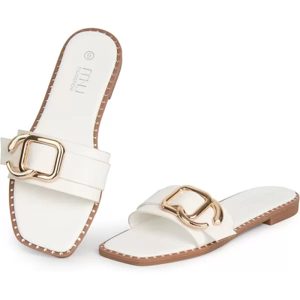 MUSSHOE Flat Sandals for Women Slip On Slides with Gold Buckle Sandals Square Open Toe Comfort