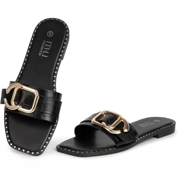 MUSSHOE Flat Sandals for Women Slip On Slides with Gold Buckle Sandals Square Open Toe Comfort