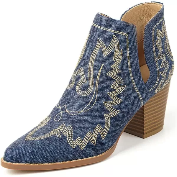 MUSSHOE Women's Ankle Boots Western Embroidered Cowboy Boots Pointed Toe Low Heel Cowgirl Boots