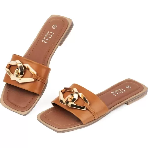 MUSSHOE Women's Flat Sandals Fashion Square Open Toe Metal Chain Dressy Sandals Slip On Outdoor Slide Sandals Outdoor Summer Shoes