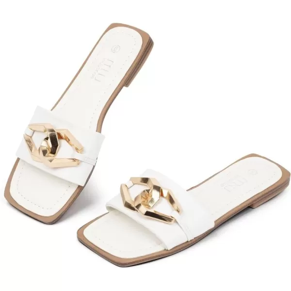 MUSSHOE Women's Flat Sandals Fashion Square Open Toe Metal Chain Dressy Sandals Slip On Outdoor Slide Sandals Outdoor Summer Shoes