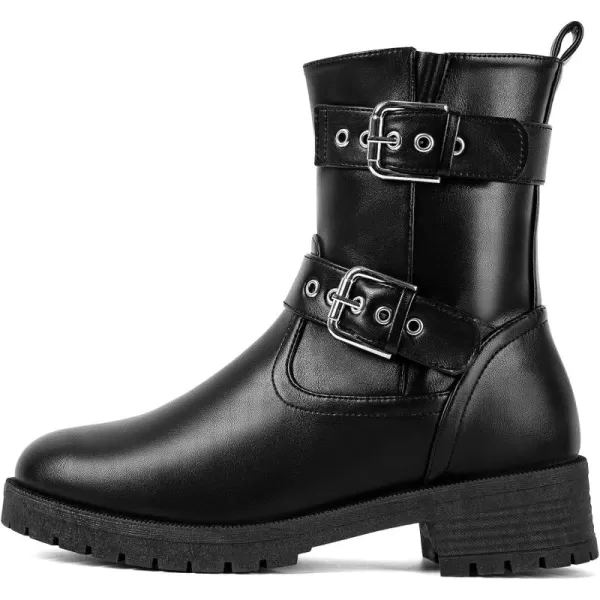 MUSSHOE Women's Leather Mid Calf Biker Boots Belt Buckle Motorcycle Combat Ankle Boots, Fashion Festival Riding Military Boots