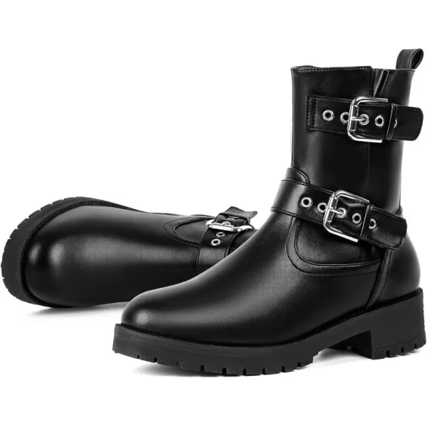 MUSSHOE Women's Leather Mid Calf Biker Boots Belt Buckle Motorcycle Combat Ankle Boots, Fashion Festival Riding Military Boots