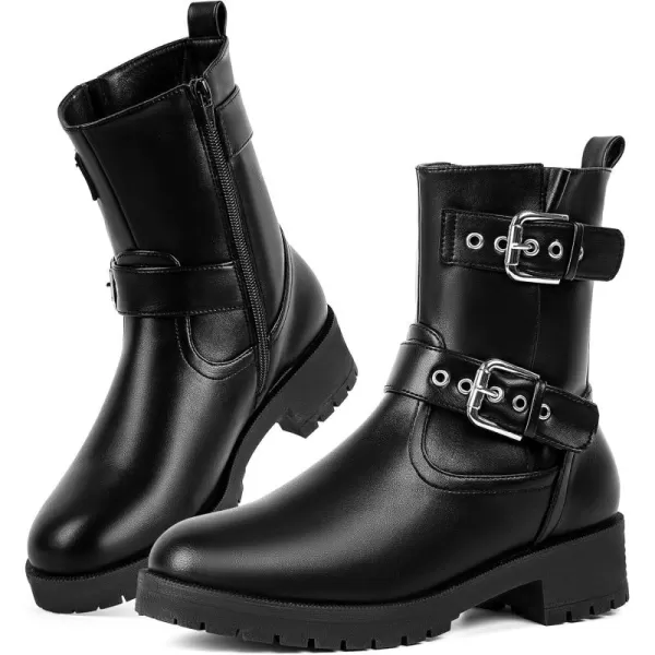 MUSSHOE Women's Leather Mid Calf Biker Boots Belt Buckle Motorcycle Combat Ankle Boots, Fashion Festival Riding Military Boots