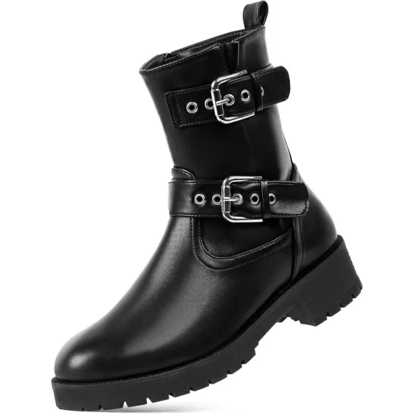 MUSSHOE Women's Leather Mid Calf Biker Boots Belt Buckle Motorcycle Combat Ankle Boots, Fashion Festival Riding Military Boots