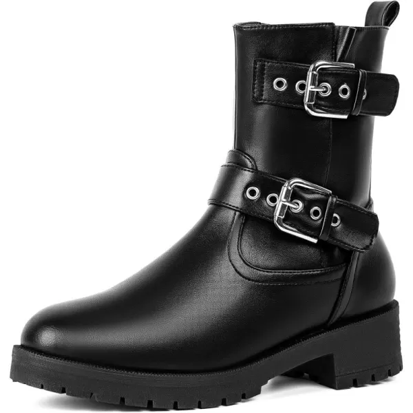 MUSSHOE Women's Leather Mid Calf Biker Boots Belt Buckle Motorcycle Combat Ankle Boots, Fashion Festival Riding Military Boots