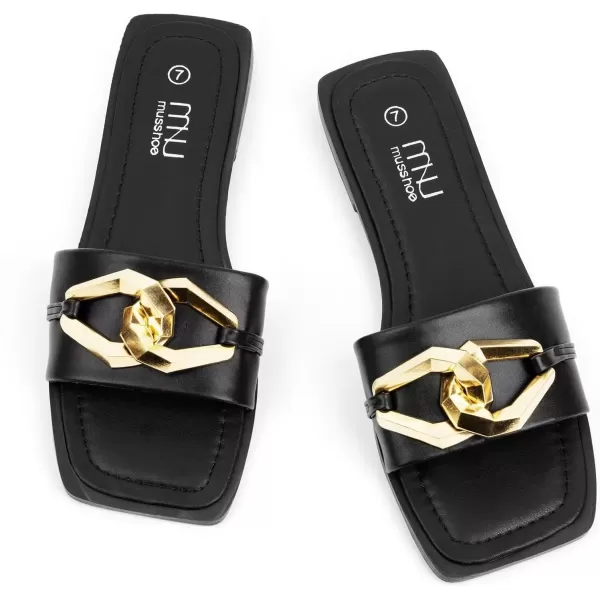 MUSSHOE Women's Flat Sandals Fashion Square Open Toe Metal Chain Dressy Sandals Slip On Outdoor Slide Sandals Outdoor Summer Shoes