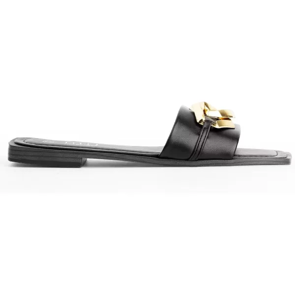 MUSSHOE Women's Flat Sandals Fashion Square Open Toe Metal Chain Dressy Sandals Slip On Outdoor Slide Sandals Outdoor Summer Shoes