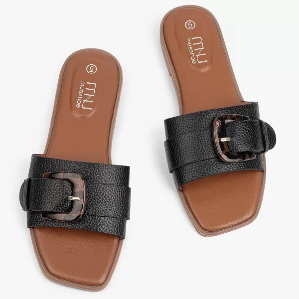MUSSHOE Womens Sandals Square Toe Flat Sandals Women Wide Fit Leather Slides Dressy Summer Shoes