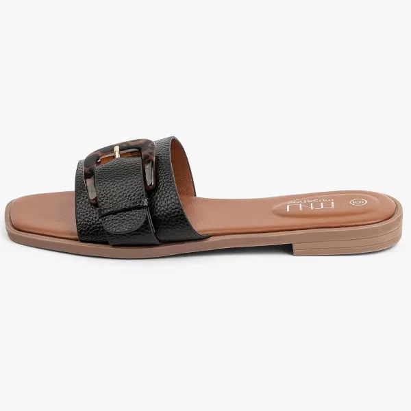 MUSSHOE Womens Sandals Square Toe Flat Sandals Women Wide Fit Leather Slides Dressy Summer Shoes
