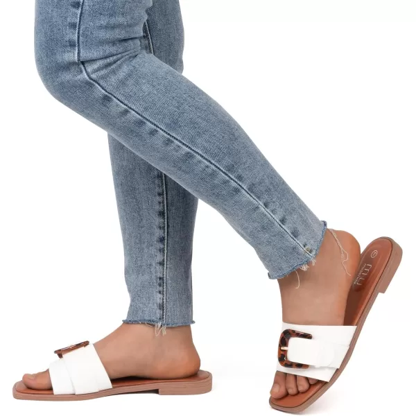 MUSSHOE Womens Sandals Square Toe Flat Sandals Women Wide Fit Leather Slides Dressy Summer Shoes