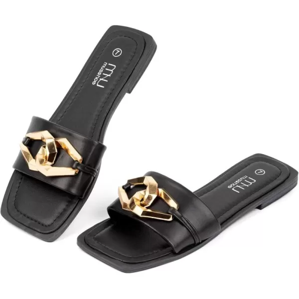 MUSSHOE Women's Flat Sandals Fashion Square Open Toe Metal Chain Dressy Sandals Slip On Outdoor Slide Sandals Outdoor Summer Shoes