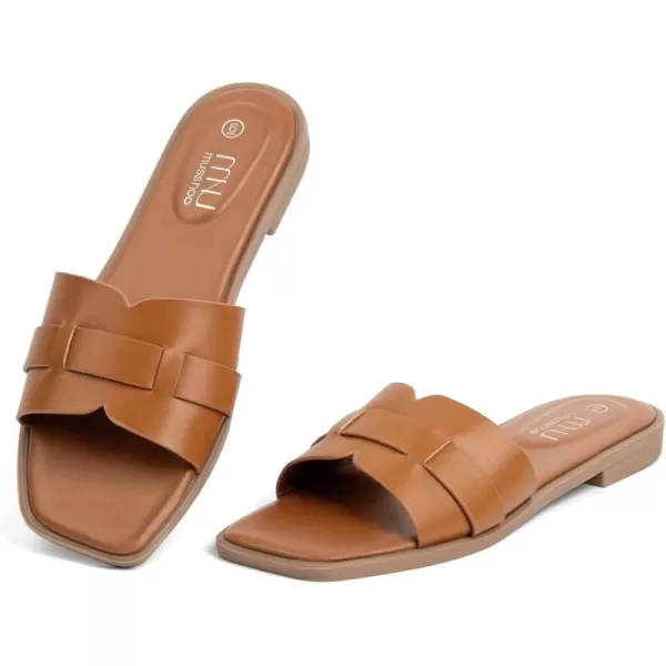 MUSSHOE Womens Sandals Square Toe Flat Sandals Women Wide Fit Leather Slides Dressy Summer Shoes