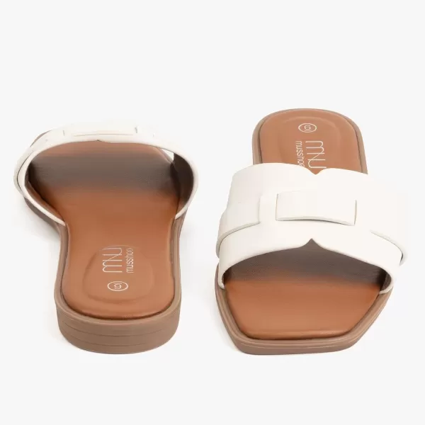 MUSSHOE Womens Sandals Square Toe Flat Sandals Women Wide Fit Leather Slides Dressy Summer Shoes